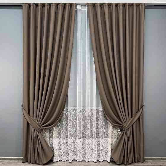 Комплект штор VR-Textil рогожка преміум TERRA LUXE 150х270 2шт і Тюль 500х270 1860ш-1668т Какао з білим 71-115/4 Київ