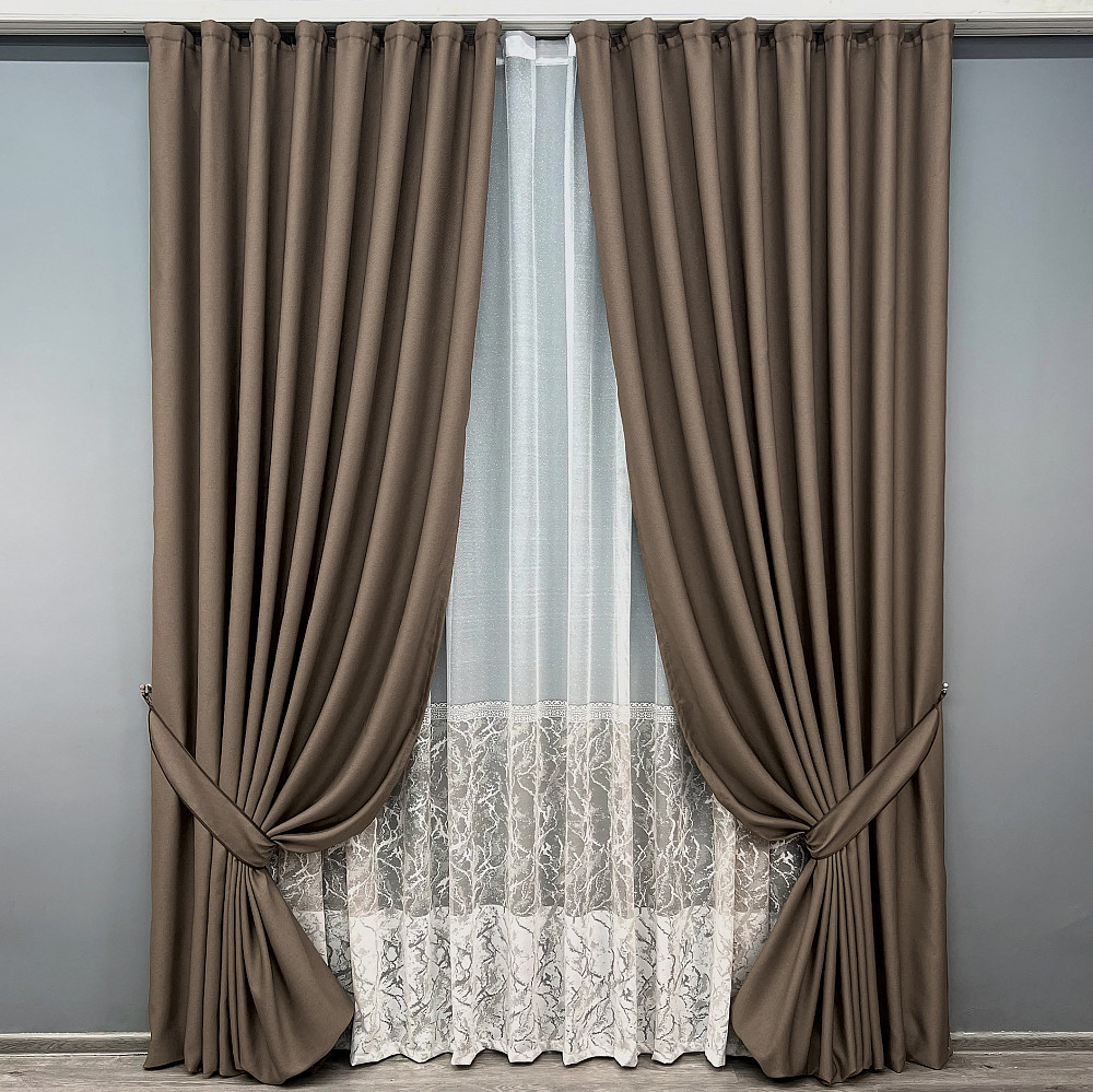 Комплект штор VR-Textil рогожка преміум TERRA LUXE 150х270 2шт і Тюль 500х270 1860ш-1668т Какао з білим 71-115/4 Київ - фото 1