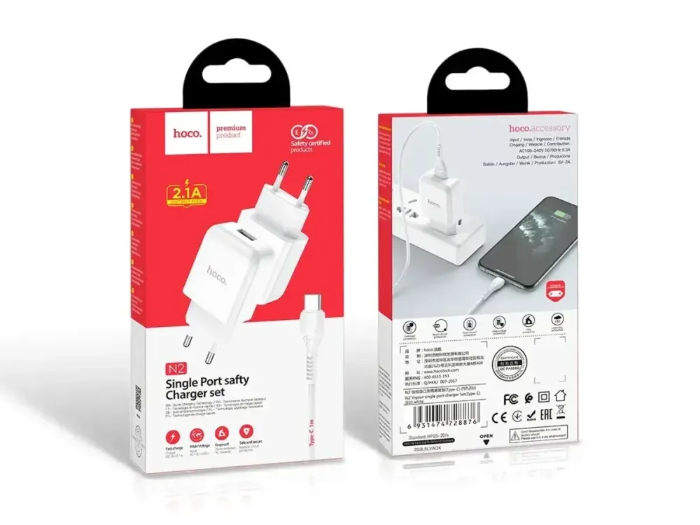 Сетевое зарядное устройство Hoco N2 Vigour 220V (10.5W, 5V/2.1A) на 1 USB-порт с кабелем USB - Type-C Одесса - изображение 2