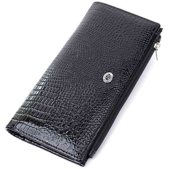 Лакований тонкий гаманець з фактурою під рептилію з натуральної шкіри ST Leather 22716 Чорний Київ