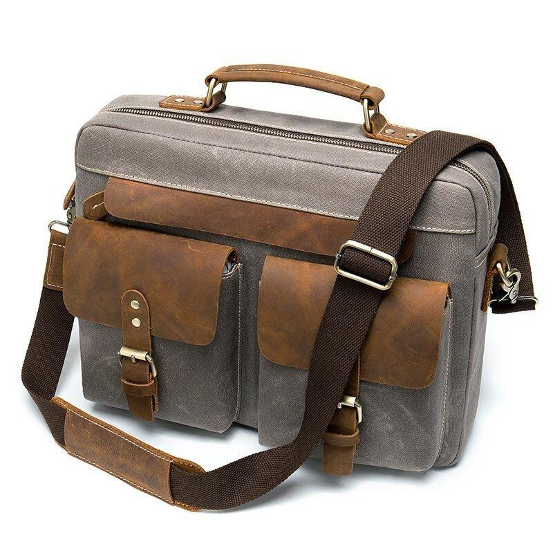 Сумка-портфель чоловіча текстильна з шкіряними вставками Сіра (Vintage) Київ - фото 6