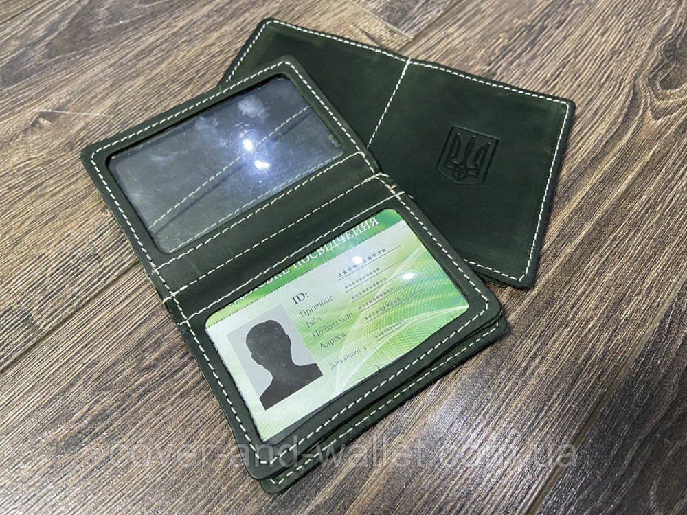 Кожаная обложка для id паспорта и прав с гербом Украины зеленого цвета Puos Киев - изображение 8