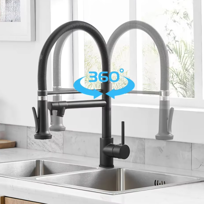 Змішувач для кухні з латунний з висувним і стаціонарним зливом з нержавіючої сталі, колір чорний Кам'янець-Подільський - фото 7