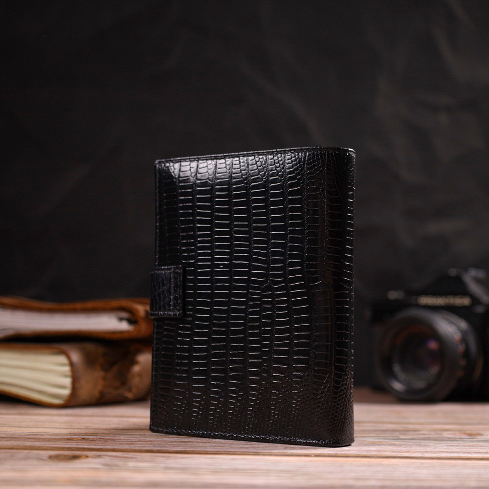 Фактурний вертикальний чоловічий гаманець середнього розміру з натуральної шкіри з тисненням CANPELLINI 21859 Чорний Київ - фото 2