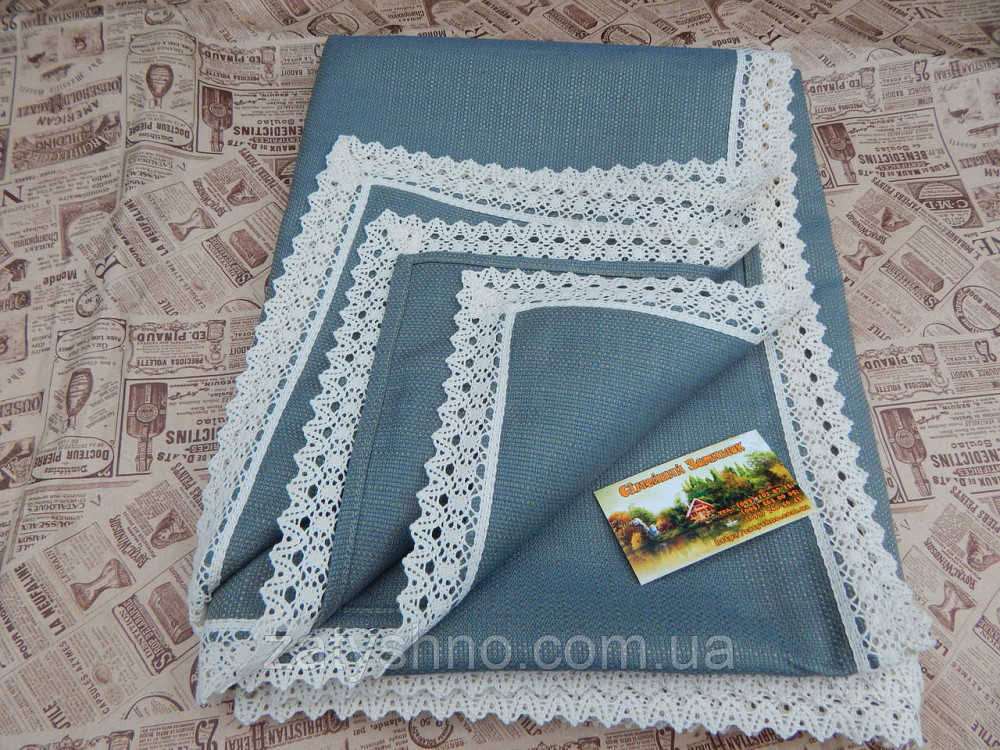 Скатерть на подарок с  кружевом, цвет зелено-синий Киев - изображение 2