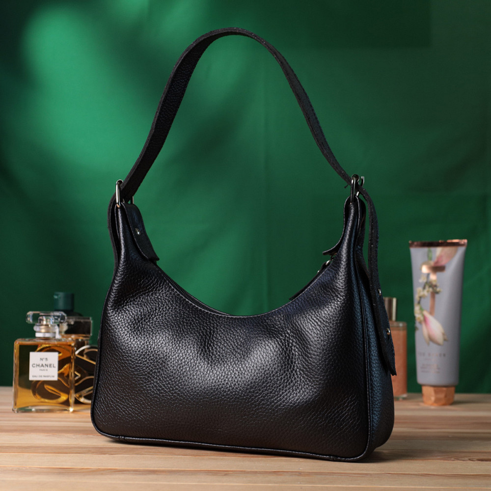 Сумка багет з регульованим ременем із зернистої натуральної шкіри Shvigel 22833 Чорна Київ - фото 3