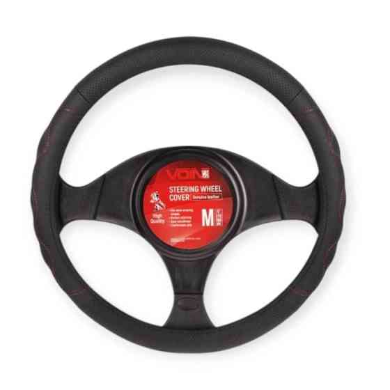 Чехол m кожа (37 - 39 см) черный 2 перфор. вставки, красная нить, белая основа руля Мукачево