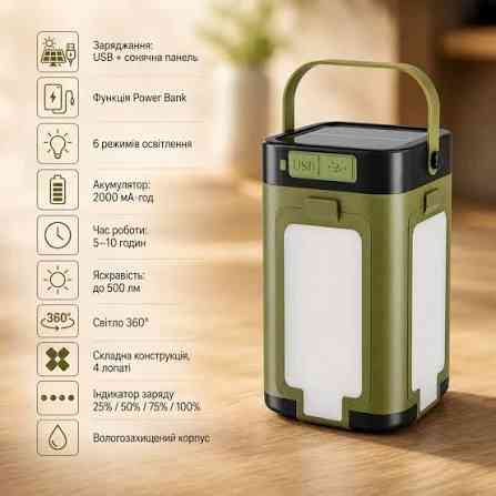 Кемпінговий складний ліхтар MH 868: сонячна панель, Power Bank, 6 режимів, 500 лм, LED-індикатор та складні пелюстки Одеса