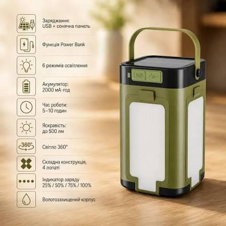 Кемпінговий складний ліхтар MH 868: сонячна панель, Power Bank, 6 режимів, 500 лм, LED-індикатор та складні пелюстки Одеса - фото 6