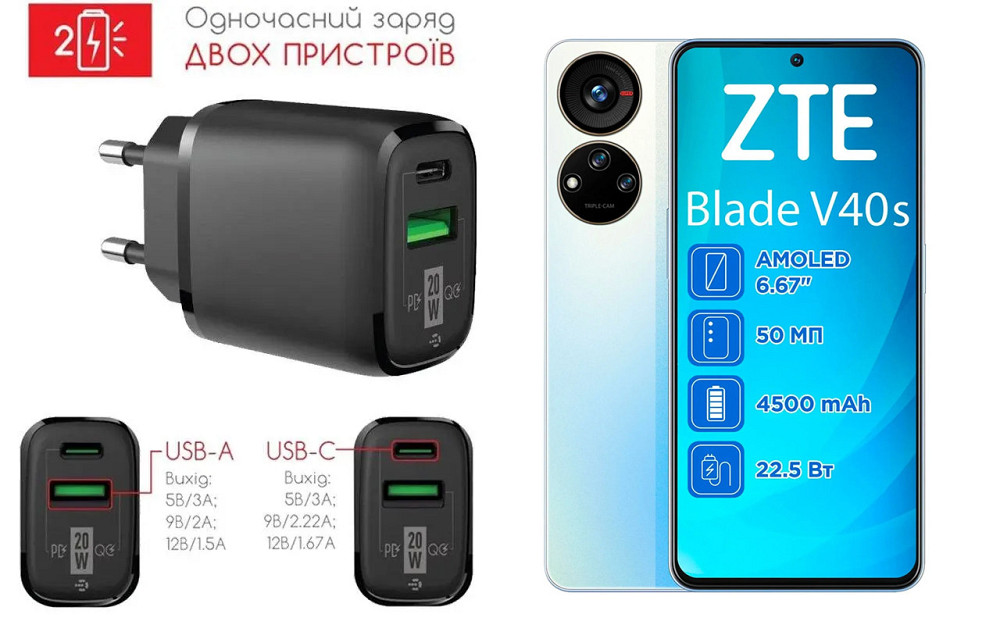 Мережевий зарядний пристрій для ZTE BLADE V40s, 20W 3A, Quick Charge 3.0 Київ - фото 1