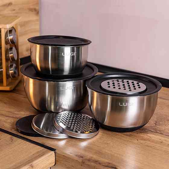 Набір мисок з нержавіючої сталі з кришками і терками салатники з нержавійки 3 штуки 2.5 л/2 л/1 Киев