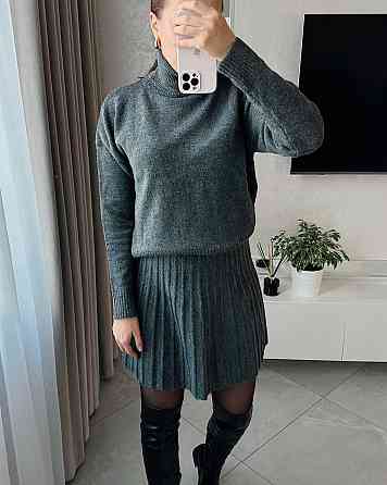 Женский уютный теплый костюм: свитер и юбка мелкая машинная вязка Антрацит Одесса