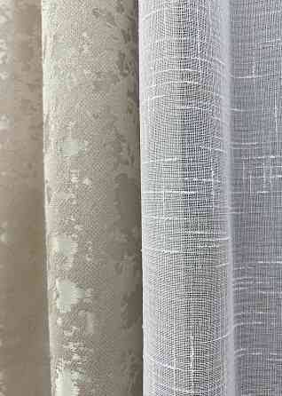 Комплект штор VR-Textil Льон Мармур 150х270 2шт і Тюль 400х270 1272ш-115т Теплий бежевий з білим 71-127/3 Київ
