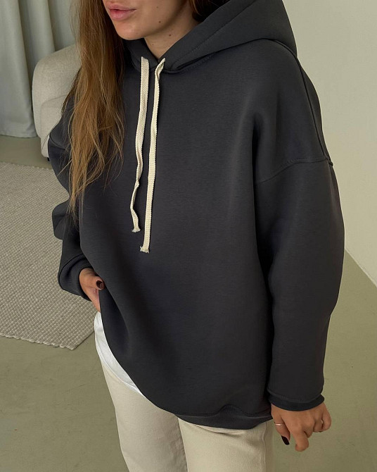 Женская стильная оверсайх худи турецкая трехнить на флисе ПЕНЬЕ Графит Одесса - изображение 5