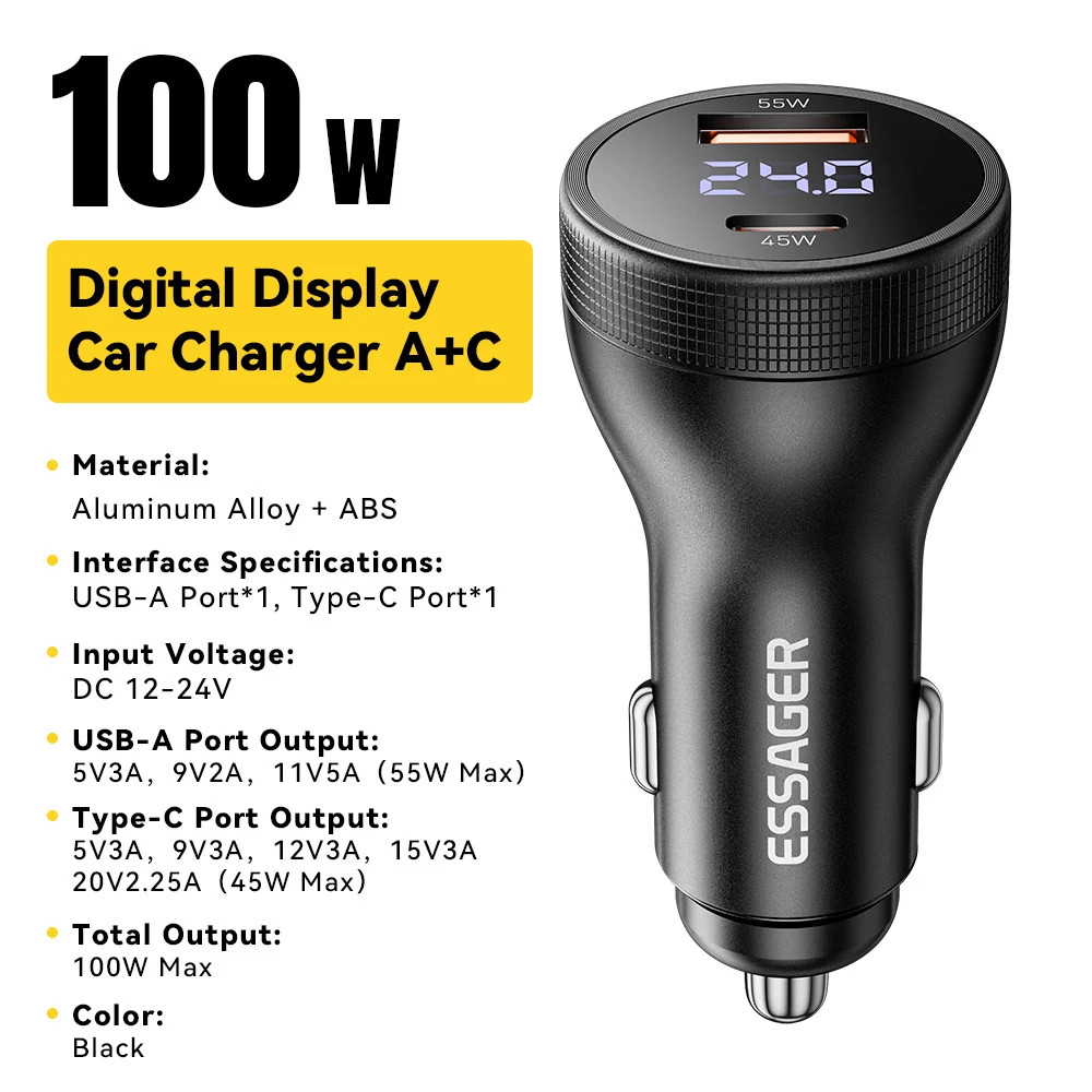 Автомобільний зарядний пристрій Essager ES-CC17 100W A+C (USB-A + Type-C) — потужна швидка зарядка для смартфонів та ноутбуків Миколаїв - фото 2