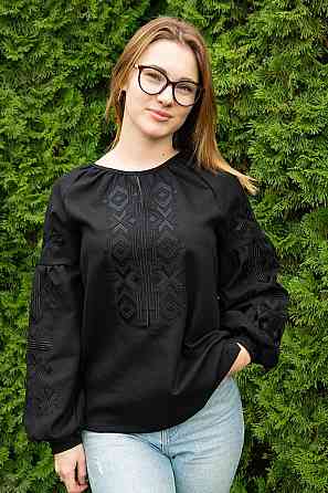 Вышиванка женская с длинным рукавом  льняная, черная топ Киев