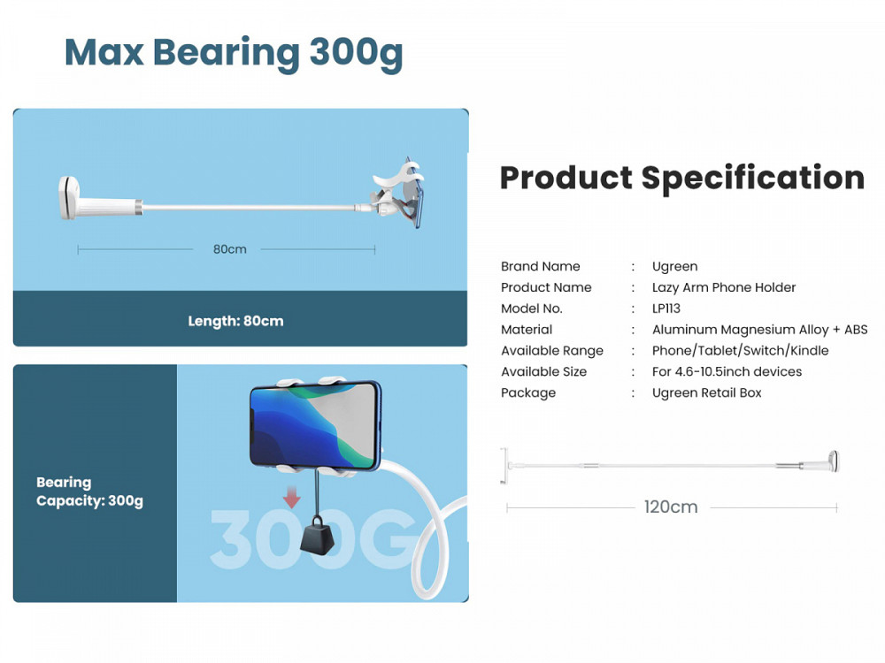 Гнучкий механічний тримувач/підставка для смартфона Ugreen LP133 (Білий) Николаев - изображение 10