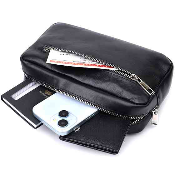 Прямоугольная сумка-бананка для мужчин из натуральной глянцевой кожи Черная (SHVIGEL) Киев