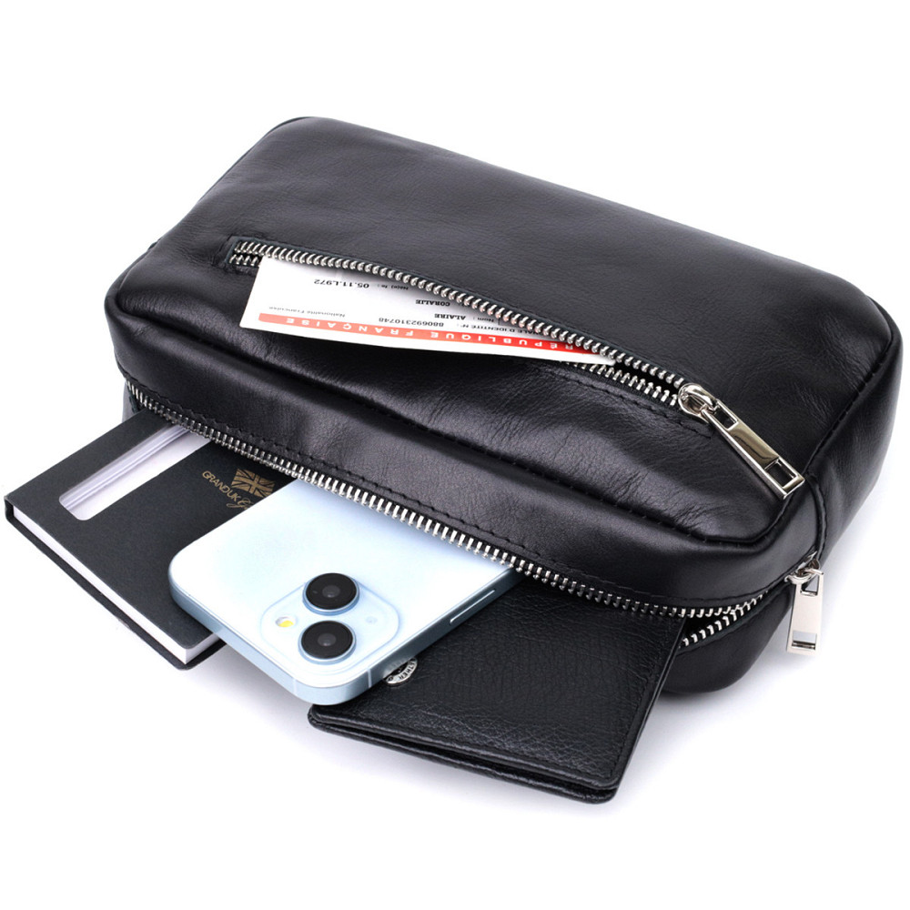 Прямоугольная сумка-бананка для мужчин из натуральной глянцевой кожи Черная (SHVIGEL) Киев - изображение 2