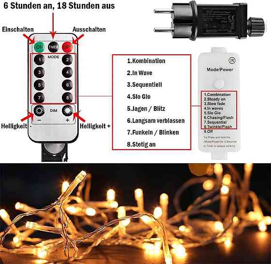 Новорічна гірлянда нитка 10-12 м, 100-120 LED: Тепле біле світло, 8 режимів, пульт ДК, таймер, діммер Київ