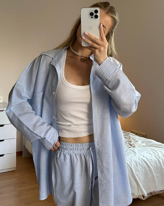 Женский стильный повседневный костм двойка лен- коттон полоска Голубой, 46/48 Одесса - изображение 5