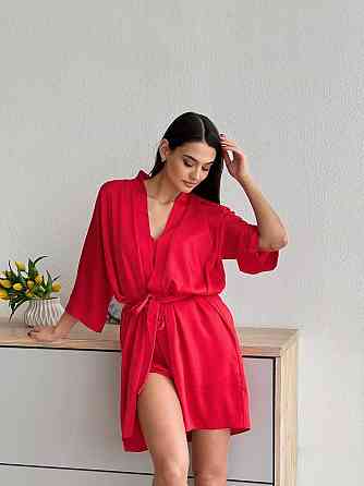 Халат женский шелк под пояс длина 90см Красный 3XL/4XL Харьков