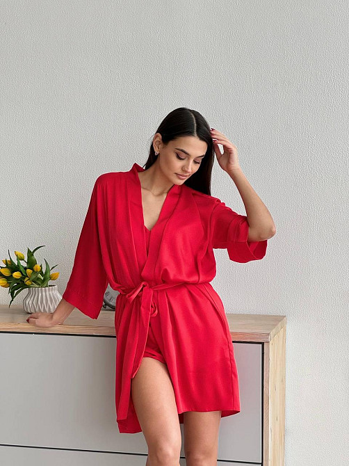 Халат женский шелк под пояс длина 90см Красный 3XL/4XL Харьков - изображение 5