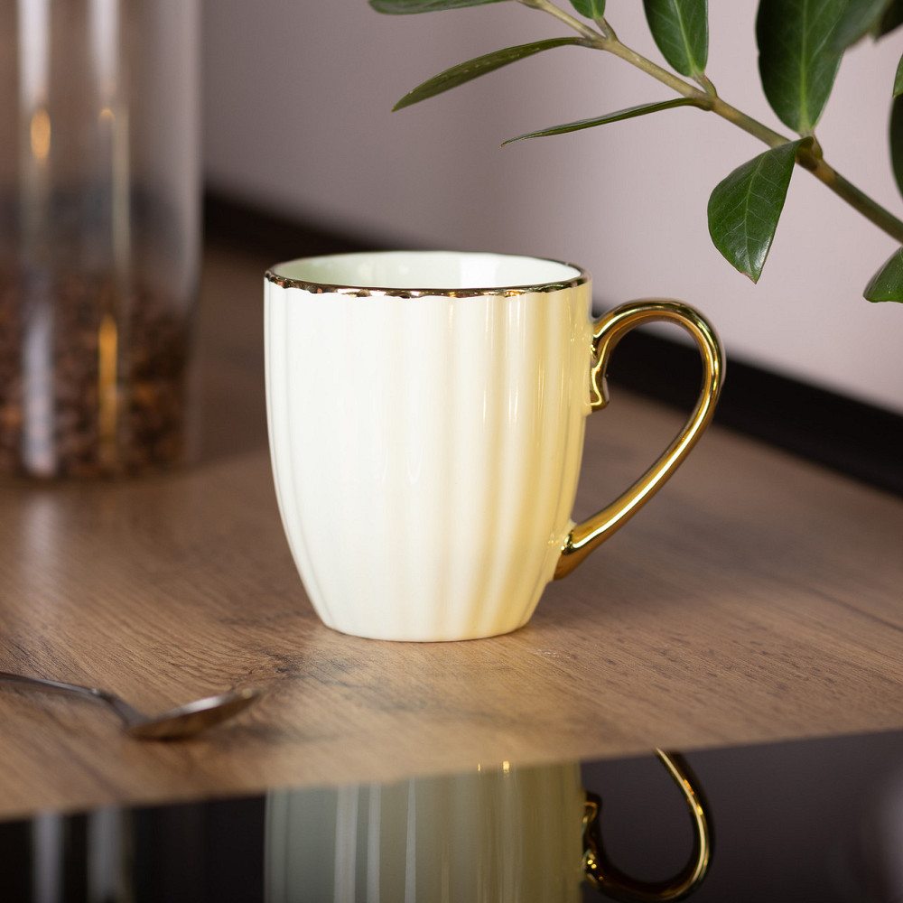 Кружка фарфоровая с золотым ободком и золотой ручкой 420 (мл) Бежевая RX-N240629BE Киев - изображение 4