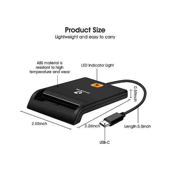 Зчитувач смарт карт картрідер ZOWEETEK USB-C Type C CAC державні ID підтримка tacho HGV карт сумісний з Windows 10/11 портативний Київ