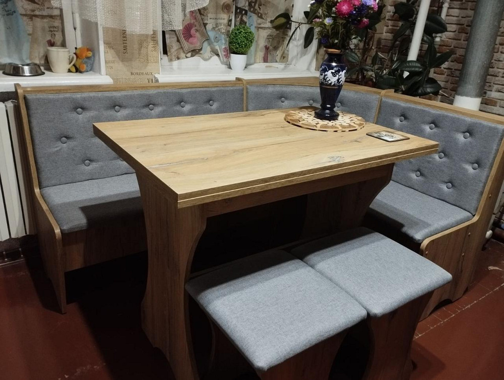 Уголок кухонный со столом и 2 табурета 1135х1535 Ткань / ДСП Дуб Винтаж Львов - изображение 1