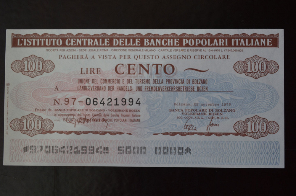 Чек. Италия 100 Лир 1976год (ЧК-1) ЛОТ 15 Полтава - изображение 1