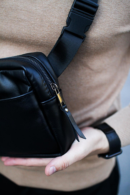 Кроссбоді, бананка із натуральної гладкої шкіри, шкіряна сумка на пояс SKILL (Чорна) Суми - фото 4