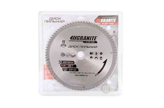 Диск пильный GRANITE для дерева с твердосплавными напайками 250х32х80Т адаптер 32-30/32-25.4 6000 об/мин Ровно