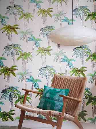 Шпалери вінілові Decoprint Breeze 0.53х10 м акварель дерева пальми яскраві блакитні зелені на бежевому Київ