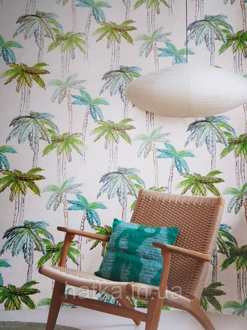 Шпалери вінілові Decoprint Breeze 0.53х10 м акварель дерева пальми яскраві блакитні зелені на бежевому Київ - фото 1
