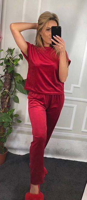 Пижама-комплект (футболка+шорти+штаны) из плюшевого велюра вишневый XXL Харьков - изображение 1