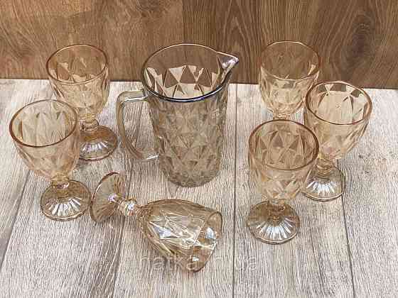 Набір 6 шт. келихів + глечик 1 л. «Дзеркальний Смарагд» 300 мл бурштиновий колір Київ