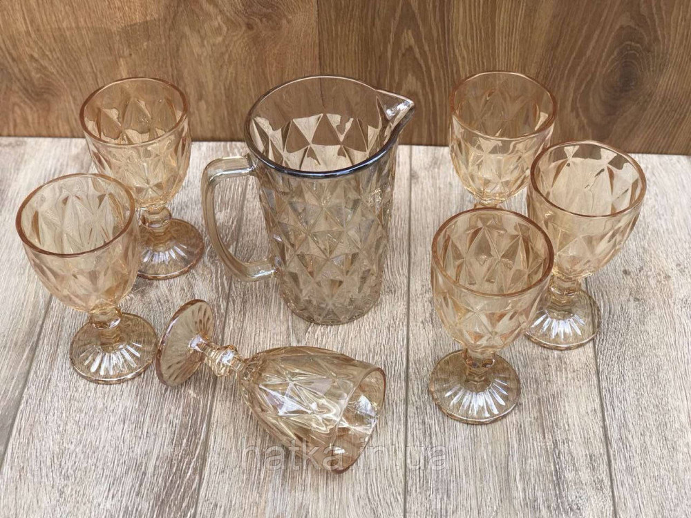 Набір 6 шт. келихів + глечик 1 л. «Дзеркальний Смарагд» 300 мл бурштиновий колір Київ - фото 5