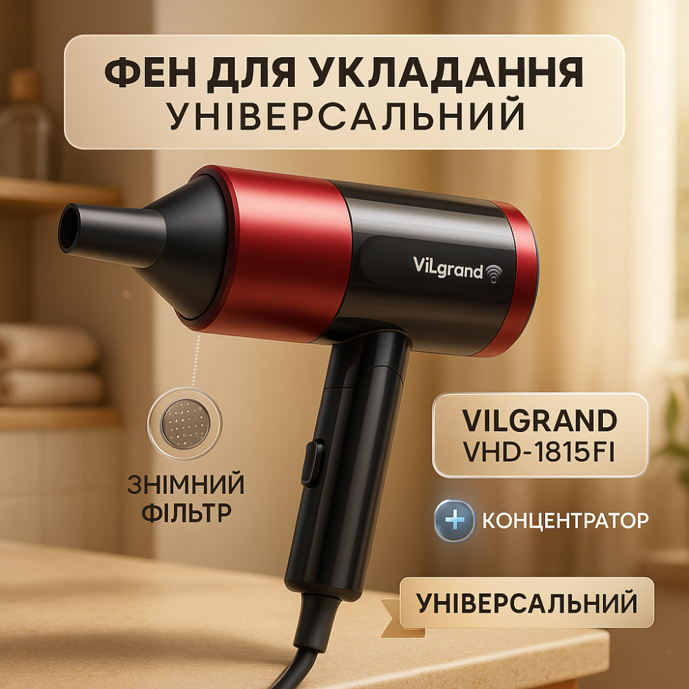 Електричний фен для волосся з дифузором ViLgrand VHD-1815FI 1800Вт, Зручний фен для укладання волосся UT-38 Львів - фото 3