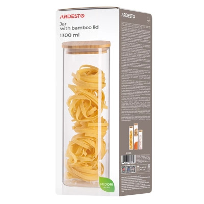 Емкость для сыпучих продуктов Ardesto Midori 1300мл, скло, бамбук, квадратна, прозорий (AR1313BBS) Вінниця - фото 4