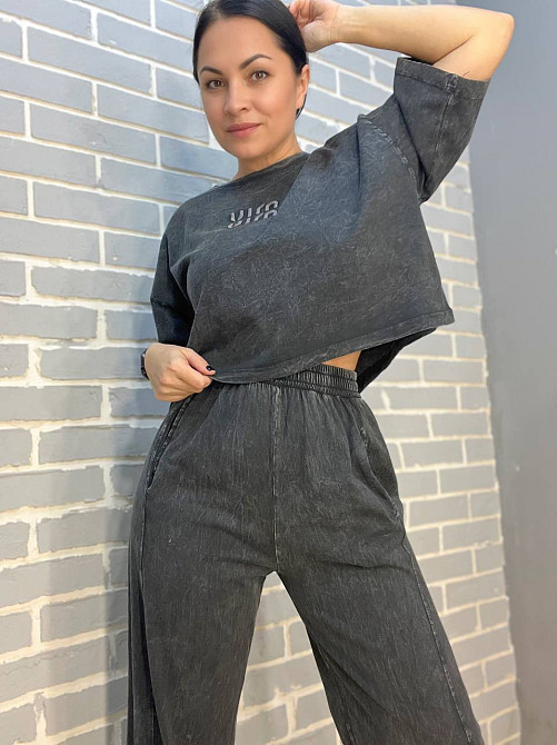 Костюм жіночий Coast Moda 4207 варений з короткою футболкою оверсайз та брюками рівними від стегна чорний, чорний, M Київ - фото 11