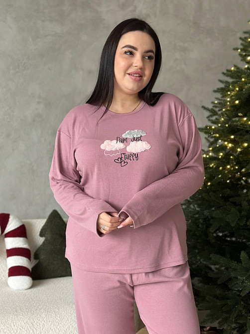 Піжама жіноча великого розміру штани та лонгслів батал PLUS SIZE з вишивкою для дому та сну з довгими рукавами рожева 4XL Одеса - фото 2
