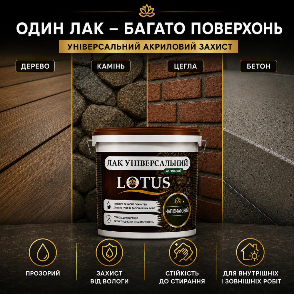 Лак універсальний акриловий LOTUS прозорий напівматовий без запаху зносостійкий для дерева, каменю, бетону та інших поверхонь 1 л Харків - фото 6
