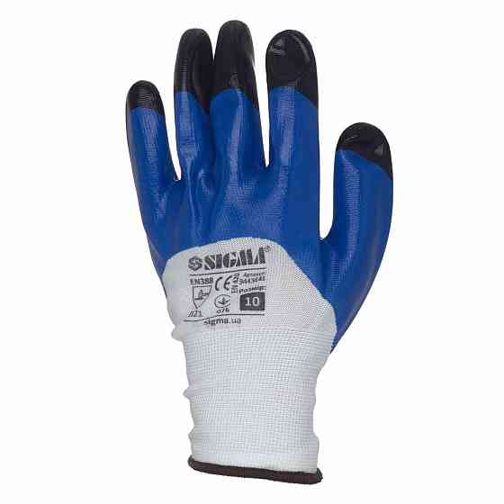 Перчатки трикотажные с частичным нитриловым покрытием усиленные пальцы р10 (сине-черные, манжет) SIGMA (9443641) Киев