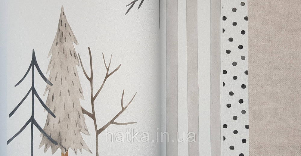 Шпалери флізелінові екологічно чисті Rasch Kids World 0.53х10 дитячі ялинки гілки коричневі сірі на білому Київ - фото 3