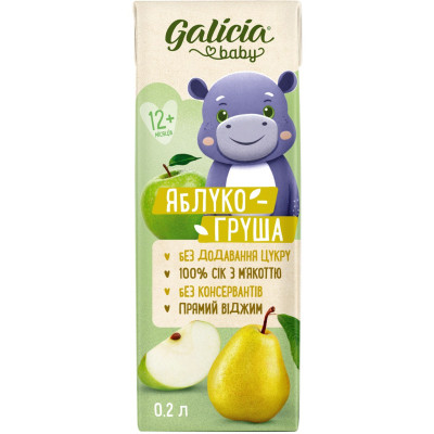 Сік дитячий Galicia Baby яблучно-грушевий з м’якоттю натуральний 200 мл (4820209564266) Вінниця - фото 1