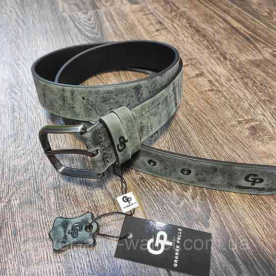 Серый мужской ремень из итальянской винтажной кожи 35мм Grande Pelle Labbro Киев