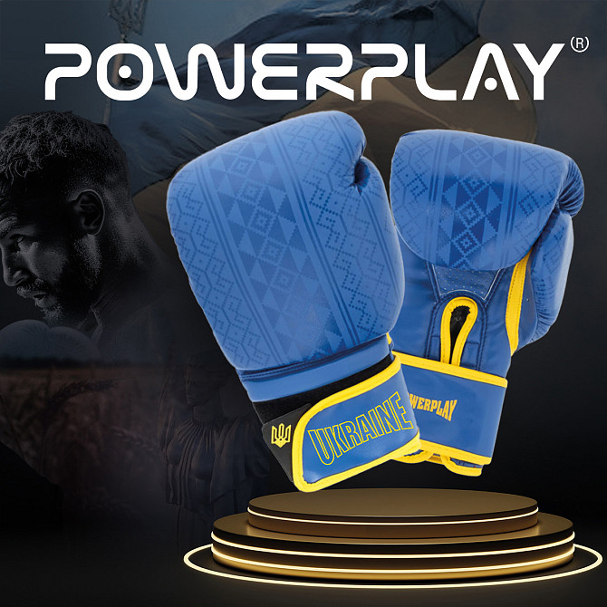 Перчатки боксерские для бокса и единоборств детские PowerPlay 3021 Ukraine 8 унций синие с желтым Киев - изображение 8