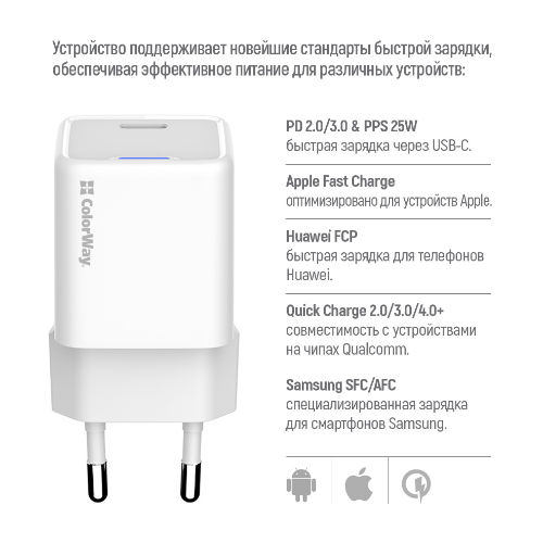 Зарядний пристрій мережевий Type-C PD 25W білий GaN Mini ColorWay Житомир