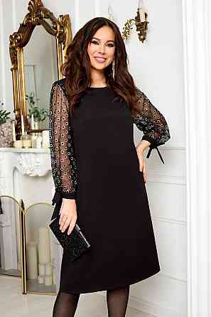 Женское платье прямого кроя с декорированными рукавами костюмка тиффани + сетка 48/52 Одесса